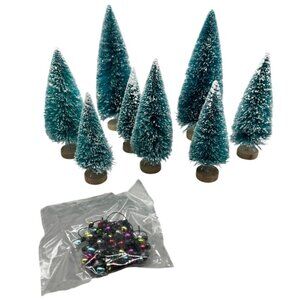 Christmas Set Of 8 Miniature Snow Frosted Bottle Brush Trees Wooden Bases READ